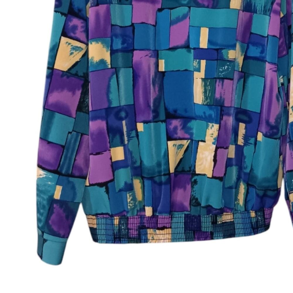 VINTAGE TEDDI 80s 90s Satin Blouse Top Shirt No Wrinkle XL Colorful Geometric - Picture 6 of 7